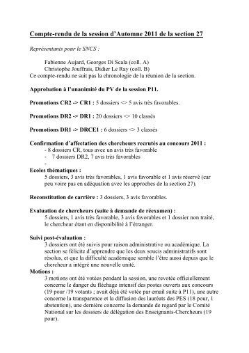 Compte-rendu de la session d'Automne 2011 de la section 27 - SNCS