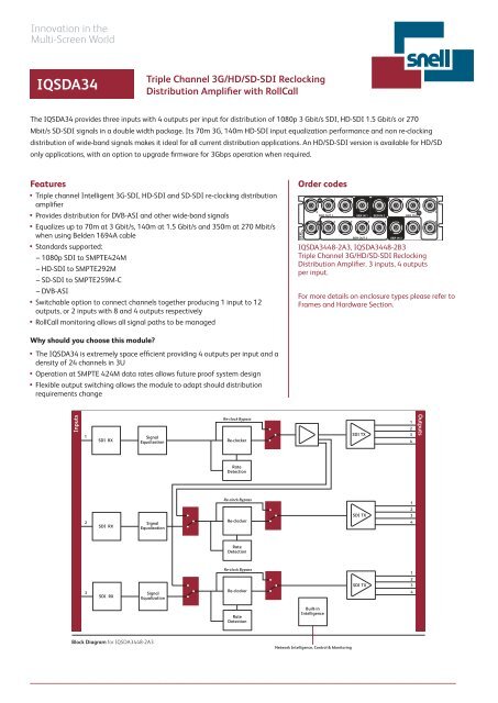 IQSDA34 - Triple Channel Re-clocking Distribution Ampliï¬er - Snell