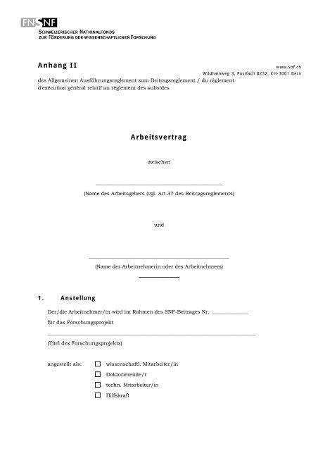 Anhang II Arbeitsvertrag - Schweizerischer Nationalfonds (SNF)