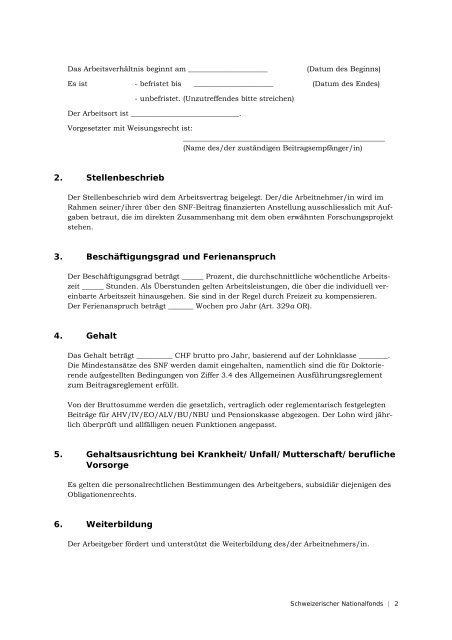 Anhang II Arbeitsvertrag - Schweizerischer Nationalfonds (SNF)