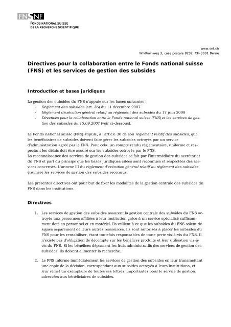 Directives pour la collaboration entre le Fonds national suisse (FNS ...