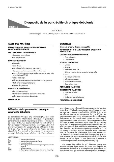 Diagnostic de la pancréatite chronique débutante - SNFGE