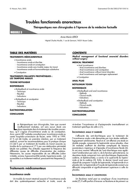 Troubles fonctionnels anorectaux Thérapeutiques non ... - SNFGE