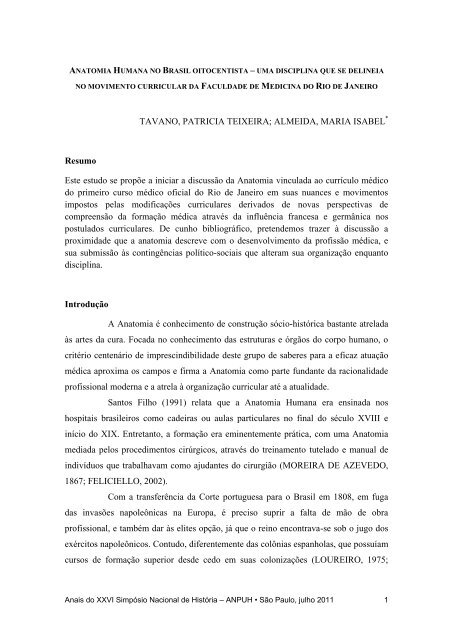TAVANO, PATRICIA TEIXEIRA; ALMEIDA, MARIA ISABEL Resumo ...