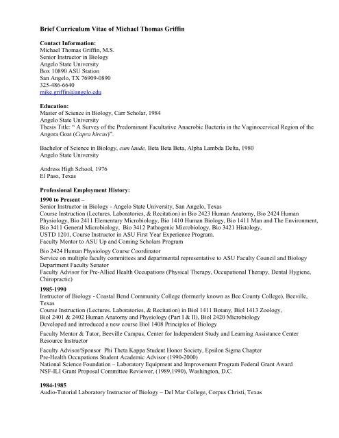 Brief Curriculum Vitae of Michael Thomas Griffin - Angelo State ...