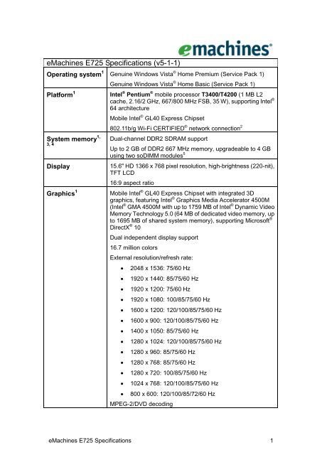 eMachines E725 Specifications (v5-1-1) - Snogard