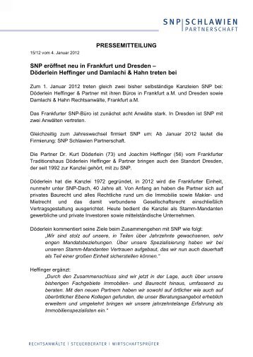 PRESSEMITTEILUNG SNP erÃ¶ffnet neu in Frankfurt und Dresden ...