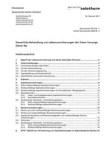 Steuerliche Behandlung Lebensversicherungen ... - Kanton Solothurn