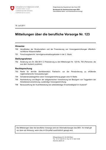 Mitteilungen Ã¼ber die berufliche Vorsorge Nr. 123