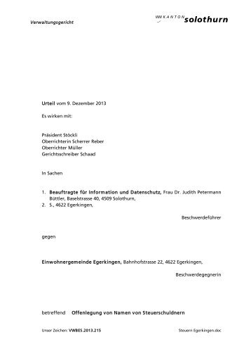 Urteil des Verwaltungsgerichts vom 9.12.2013 - Kanton Solothurn