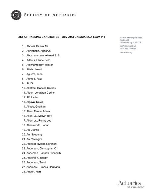 July 2013 Exam P/1 CAS/CIA/SOA List of Passing Names
