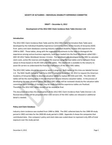 2012 IDEC Claim Incidence RateTable - Society of Actuaries