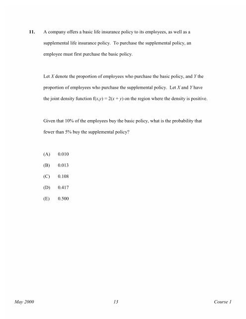 Course 1 May 2000 Multiple Choice Exams - Society of Actuaries