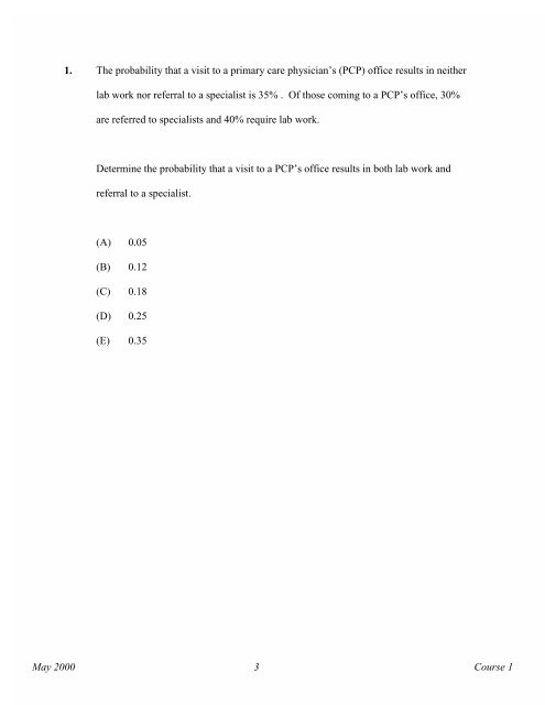 Course 1 May 2000 Multiple Choice Exams - Society of Actuaries