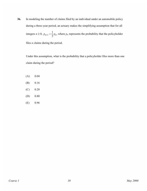 Course 1 May 2000 Multiple Choice Exams - Society of Actuaries