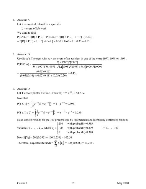 Course 1 May 2000 Multiple Choice Exams - Society of Actuaries