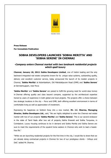 Press Release - Sobha Developers Ltd.