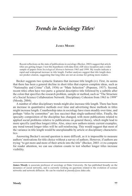 Trends In Sociology Titles Duke University