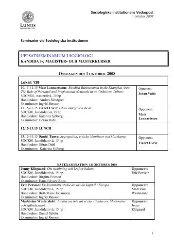 uppsatsseminarium i sociologi - Sociologiska institutionen - Lunds ...