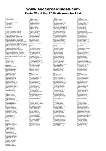 Panini World Cup 2010 stickers checklist