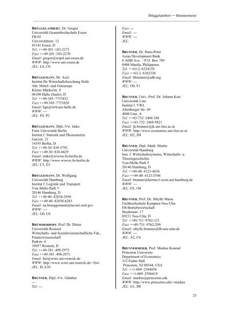 Verein für Socialpolitik Mitgliederverzeichnis Directory of Members