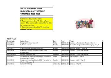 Social Anthropology Timetable by Year and Course Code