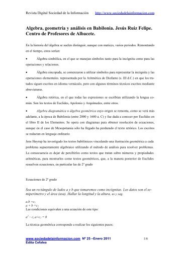 Algebra, geometrÃ­a y anÃ¡lisis en Babilonia. JesÃºs Ruiz Felipe ...