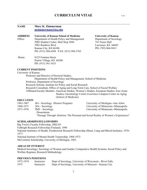 curriculum vitae - Department of Sociology - University of Kansas