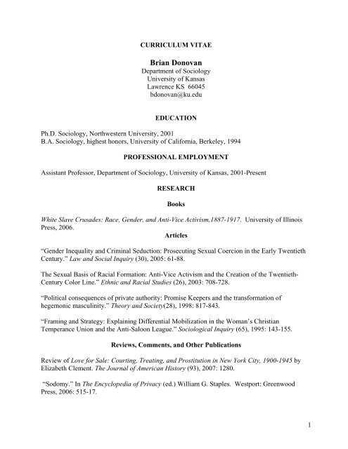 Professor Brian Donovan's Curriculum Vitae (PDF) - Department of ...