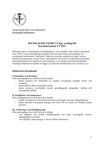 STOCKHOLMS UNIVERSITET SOCIOLOGISK TEORI - Sociologiska ...