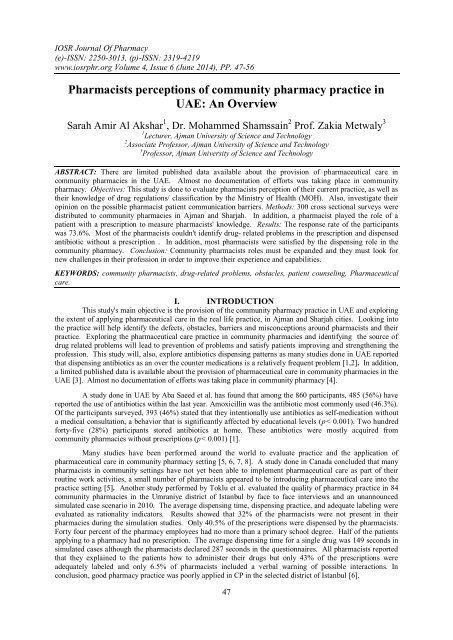 Pharmacists perceptions of community pharmacy practice in UAE: An Overview