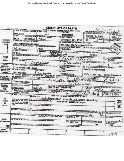 Wojciech Frykowski Autopsy Report and Death Certificate