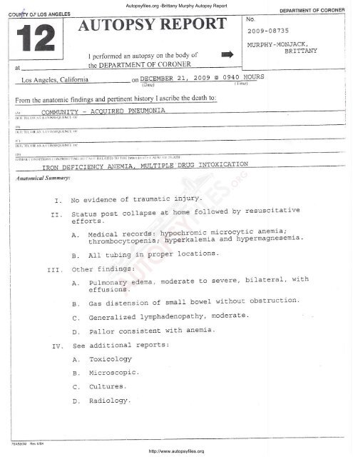 Autopsyfiles Org Brittany Murphy Autopsy Report