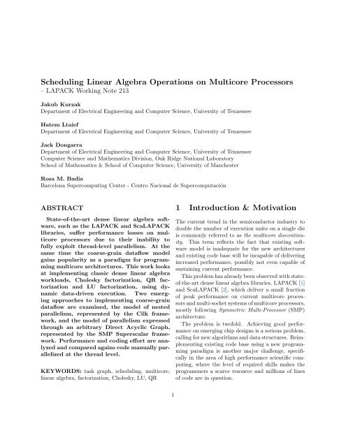 Scheduling Linear Algebra Operations on Multicore ... - Netlib