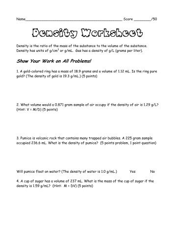 Density Worksheet - MrsYeomansSciencePage