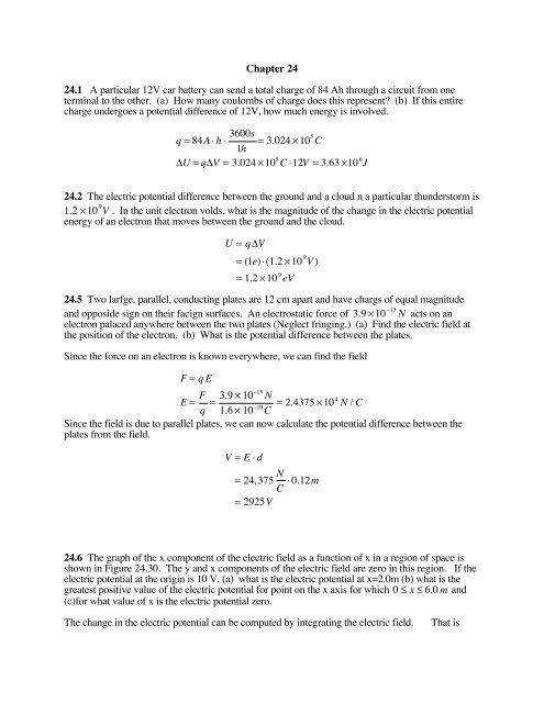 Chapter 24 24.1 A particular 12V car battery can send a total charge ...