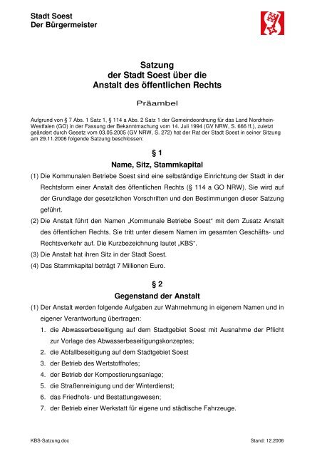 Satzung der Stadt Soest über die Anstalt des öffentlichen Rechts