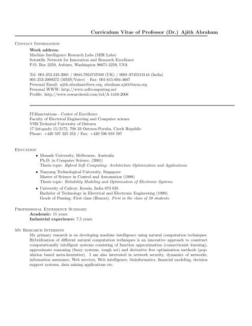 Curriculum Vitae Of Professor Dr Ajith Abraham