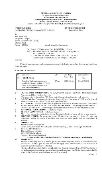 ( A Subsidiary of Coal India Limited ) PURCHASE ... - CCL