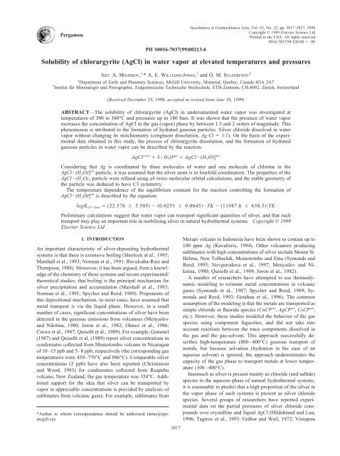 Solubility of chlorargyrite (AgCl) in water vapor at elevated ...