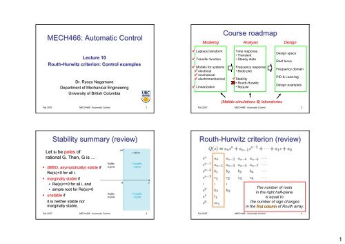 Routh-Hurwitz criterion (review) - UBC Mechanical Engineering ...