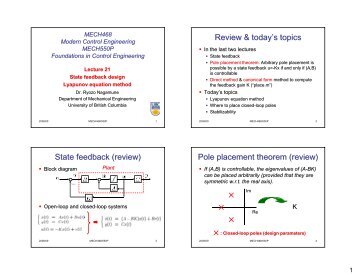 Review & today's topics State feedback - UBC Mechanical ...