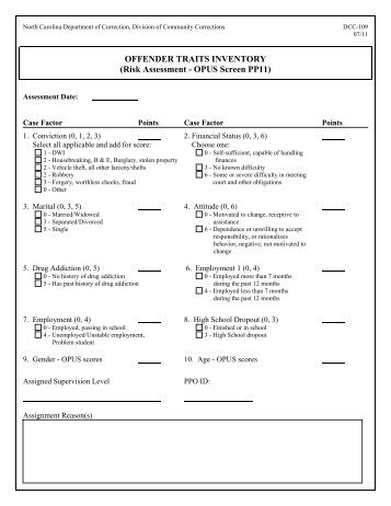 OFFENDER TRAITS INVENTORY (Risk Assessment - OPUS Screen ...