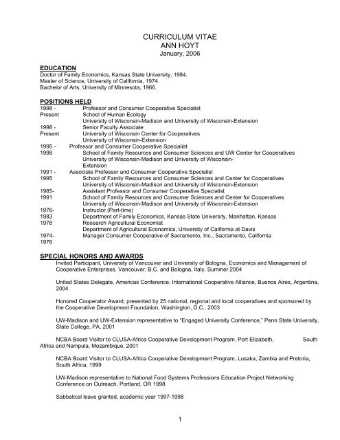 CURRICULUM VITAE ANN HOYT School Of Human Ecology