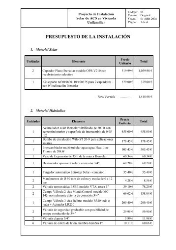 PRESUPUESTO DE LA INSTALACIÓN - Solarweb