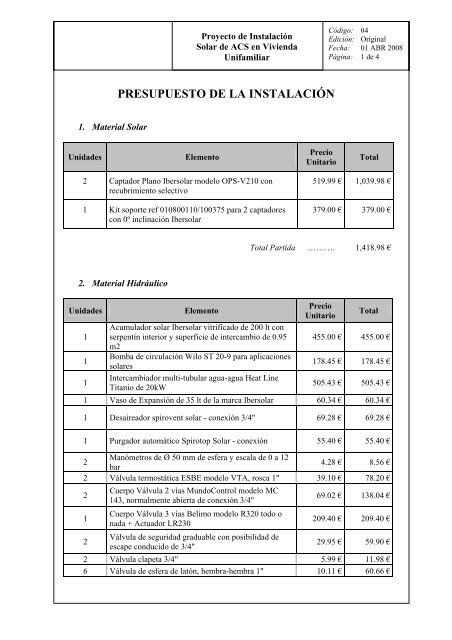 PRESUPUESTO DE LA INSTALACIÓN - Solarweb