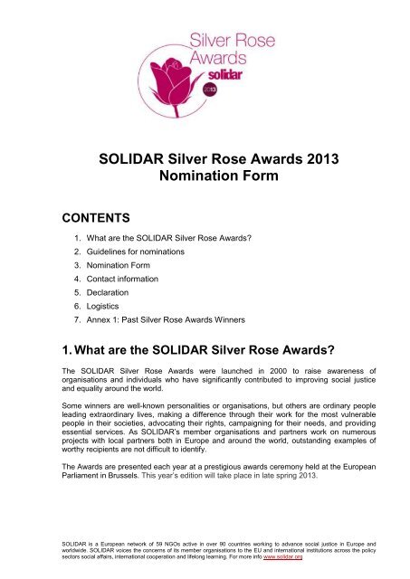 SOLIDAR Silver Rose Awards 2013 Nomination Form