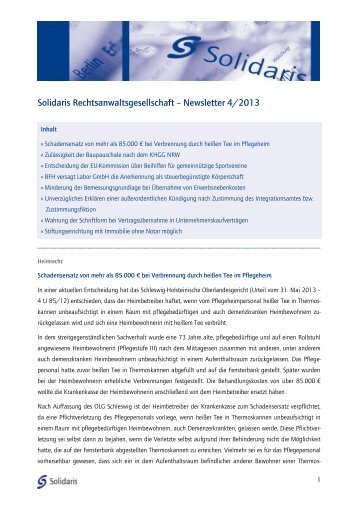 Newsletter der Solidaris Rechtsanwaltsgesellschaft