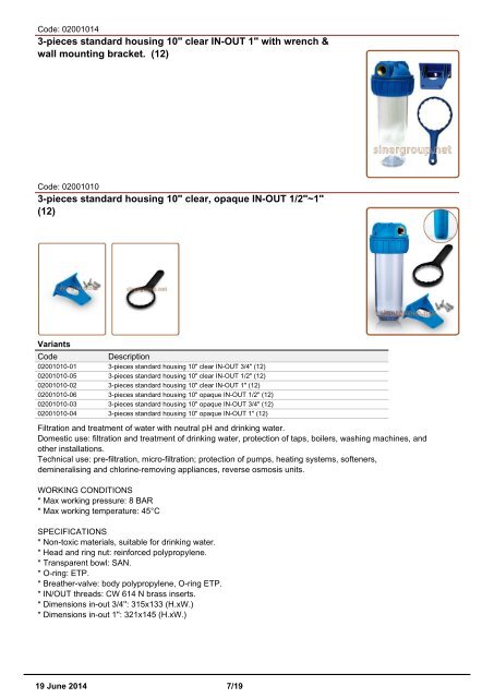 Sinergroup Filter housings Catalog - Standard housings, Big housings, Housings brackets, Housings wrenches