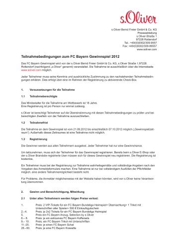 Teilnahmebedingungen zum FC Bayern Gewinnspiel 2012 - S.Oliver